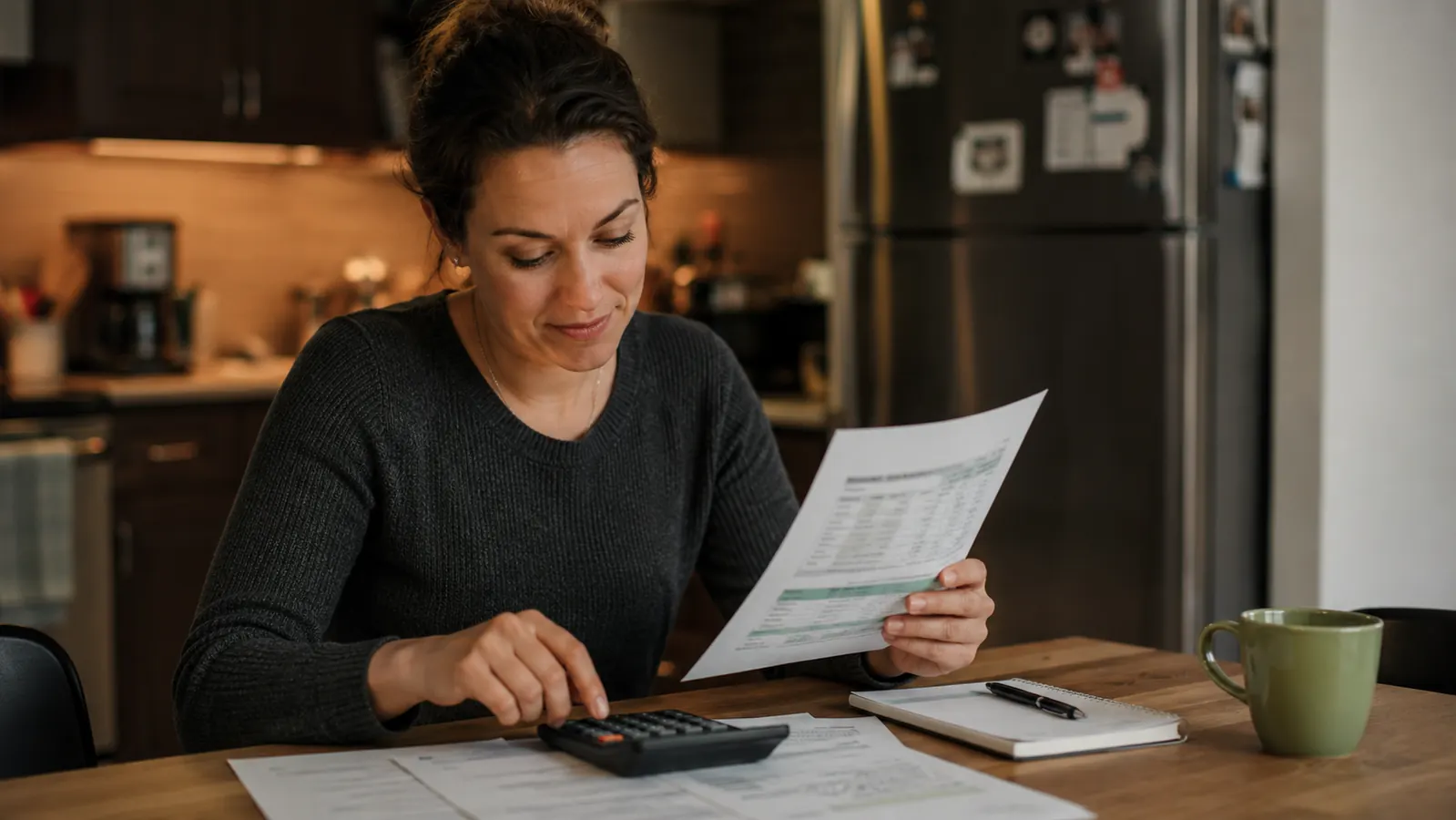 Person sitting at a kitchen table reviewing a simple personal budget spreadsheet with a calculator nearby