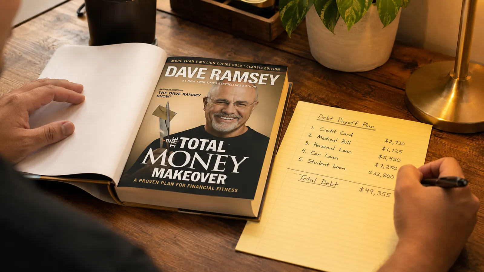 Copy of The Total Money Makeover open to the Baby Steps page, beside a handwritten debt list