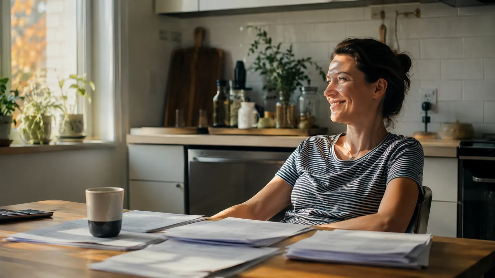 Woman smiling at a kitchen table with papers organized and a cup of tea, looking relaxed about finances