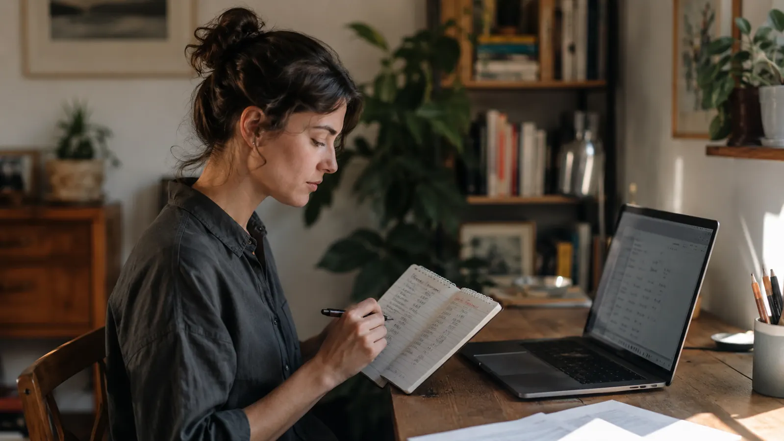 Person reviewing a handwritten expense list beside a laptop at a home desk