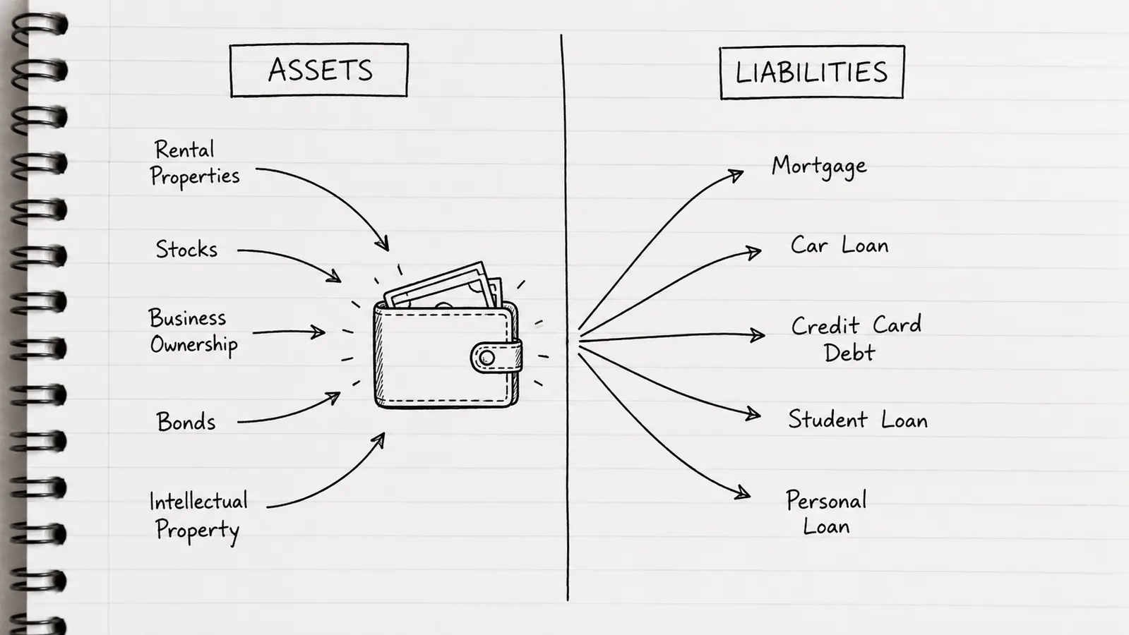 Simple hand-drawn diagram showing assets on the left flowing money in and liabilities on the right flowing money out, on lined notebook paper