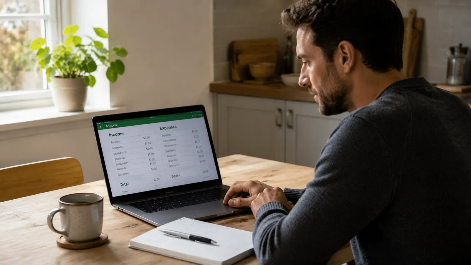 Person reviewing a simple monthly budget spreadsheet on a laptop at a kitchen table, coffee mug nearby, relaxed afternoon light