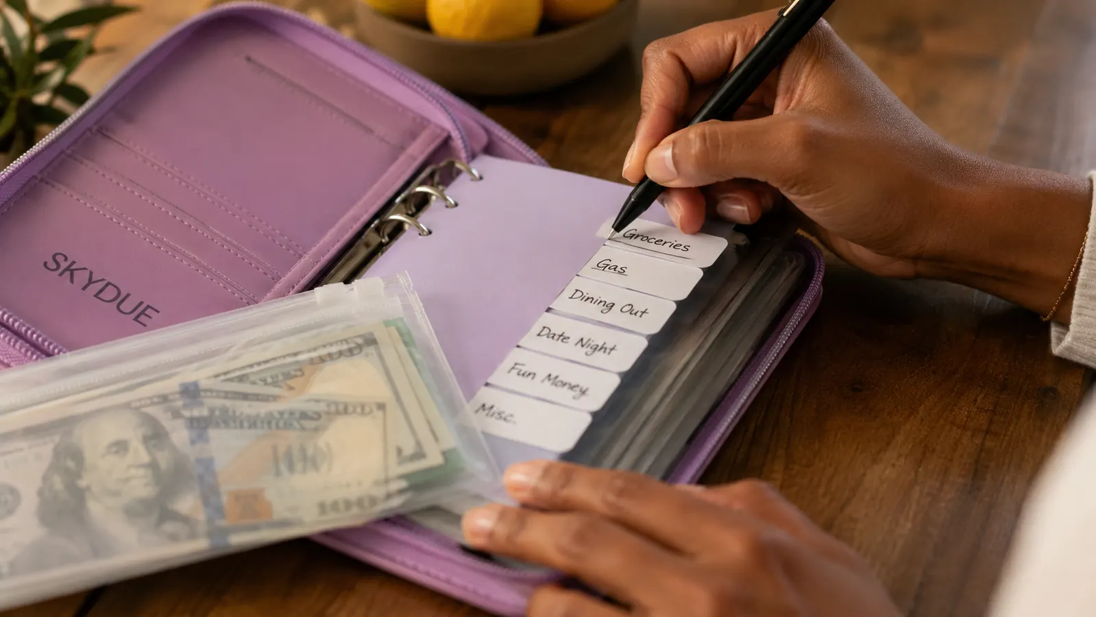 Hand writing budget category labels on the tab dividers of a budget binder