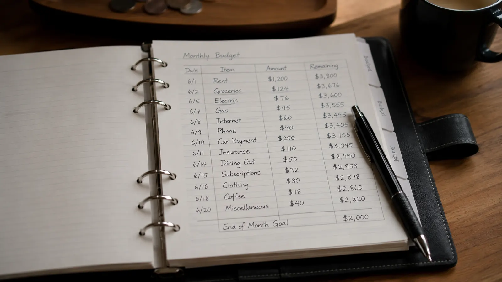 Budget binder open to an expense tracking sheet with handwritten numbers and a running balance column