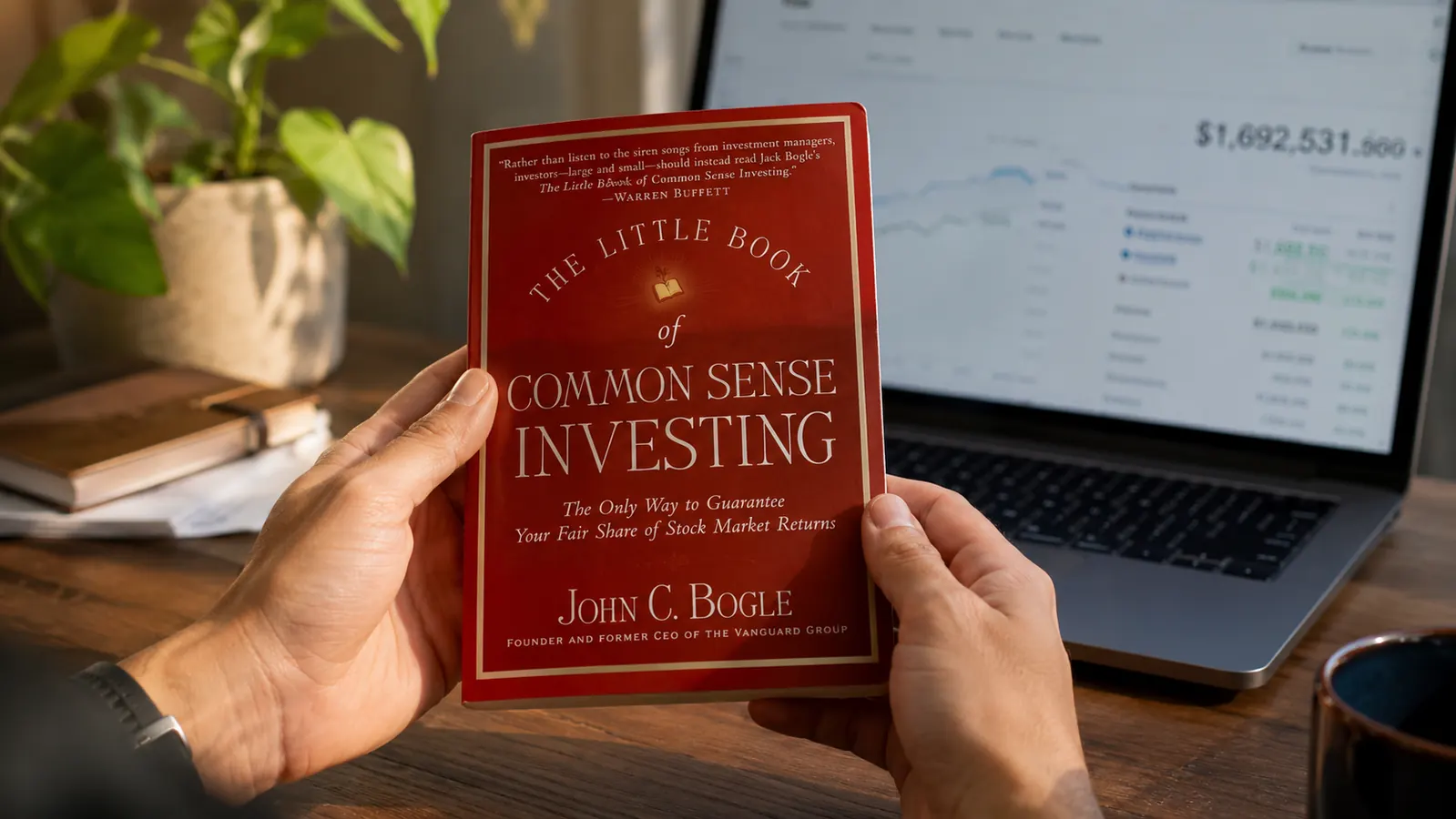 Hands holding a copy of The Little Book of Common Sense Investing while seated at a desk with a brokerage account open on a laptop in the background