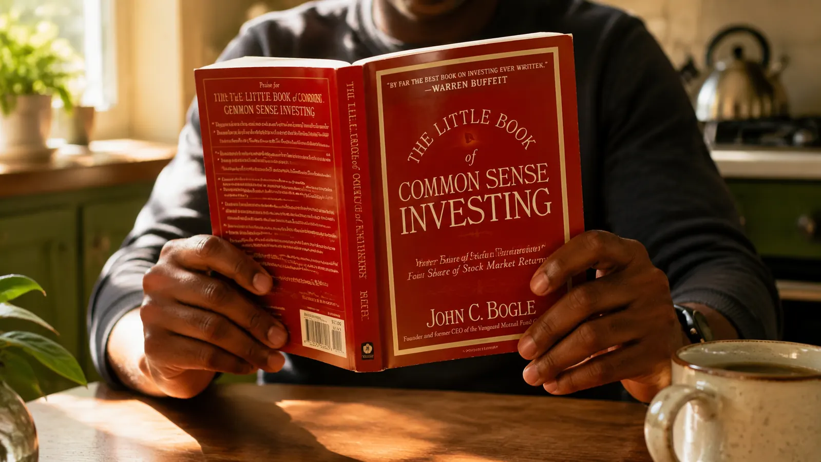 Person holding The Little Book of Common Sense Investing open to a chapter page