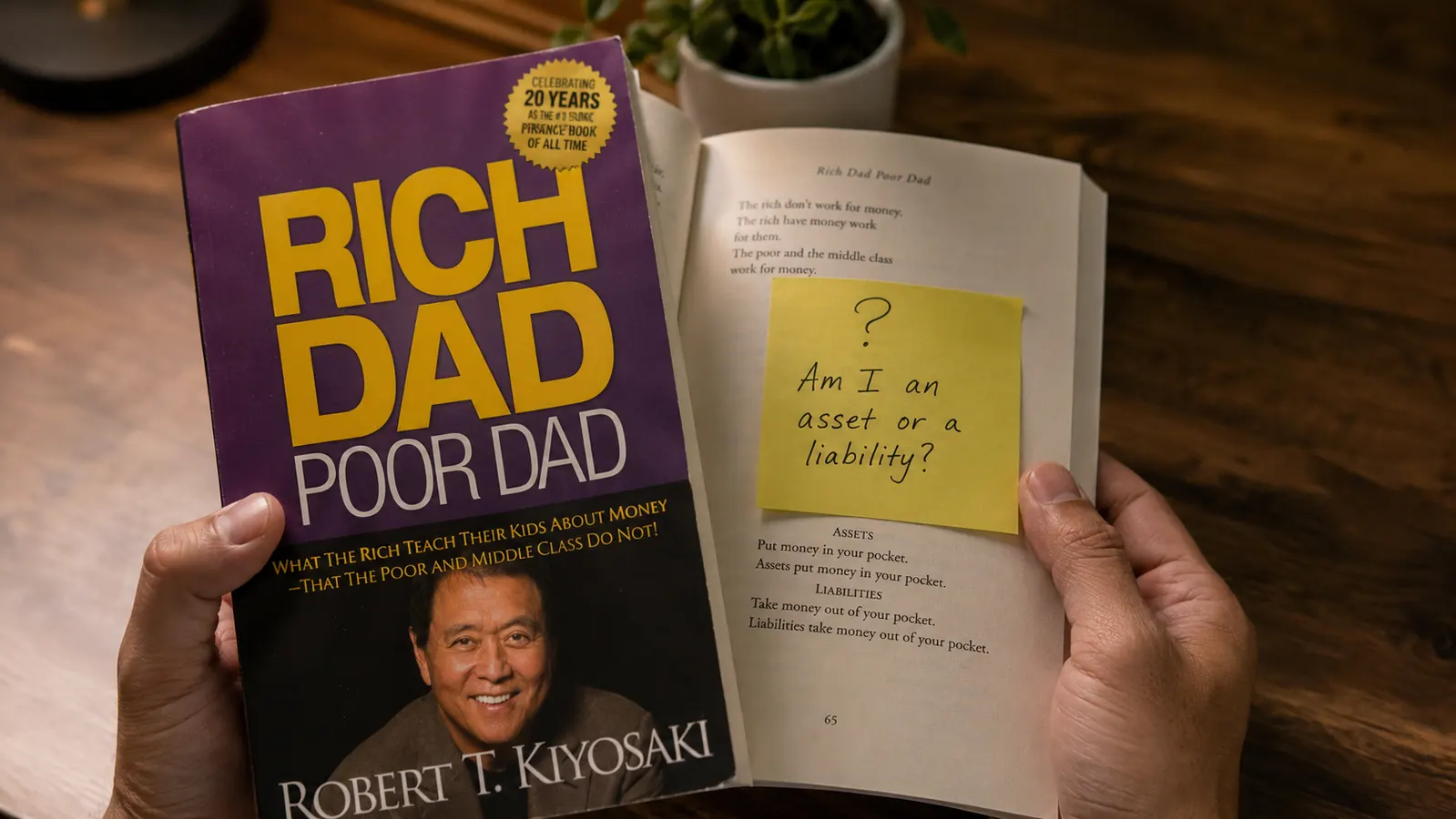 Open copy of Rich Dad Poor Dad with a sticky note asking a question placed over a passage about assets
