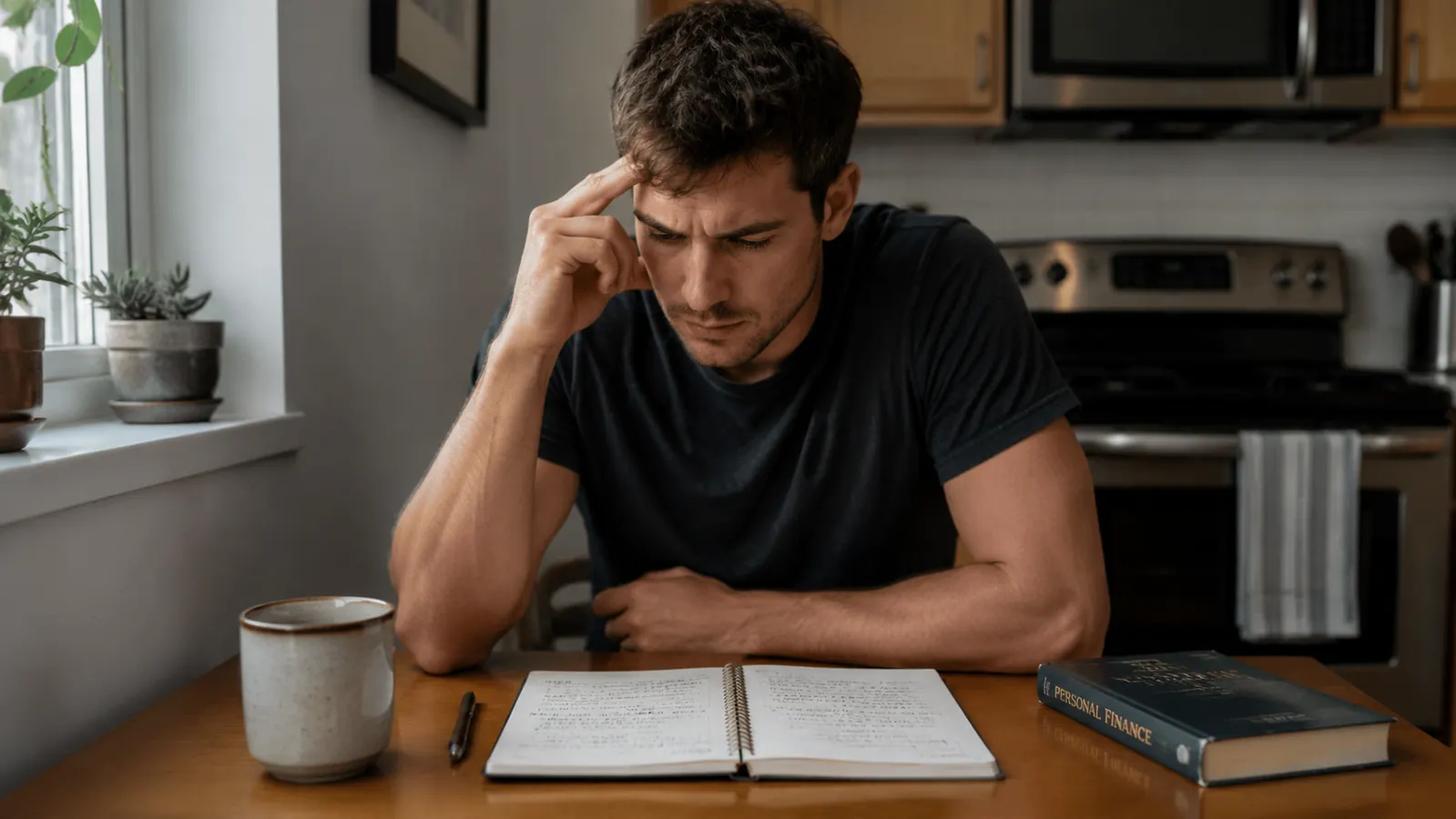 Person at a kitchen table making notes in a notebook next to a personal finance book and a cold cup of coffee