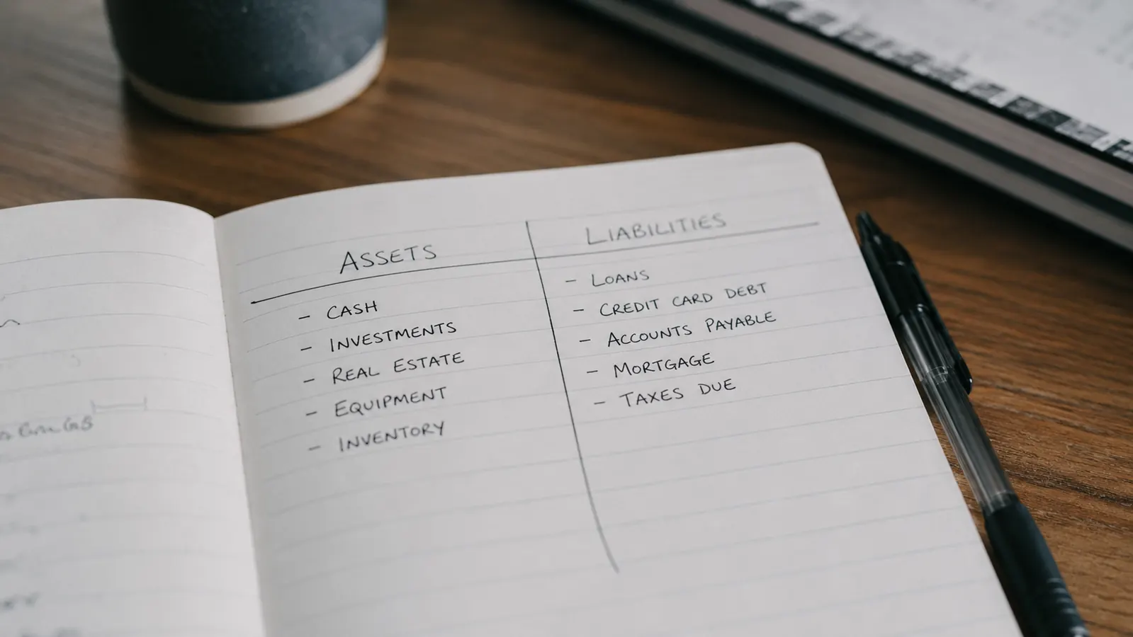 Simple hand-drawn diagram on notebook paper showing two columns labeled Assets and Liabilities with arrows
