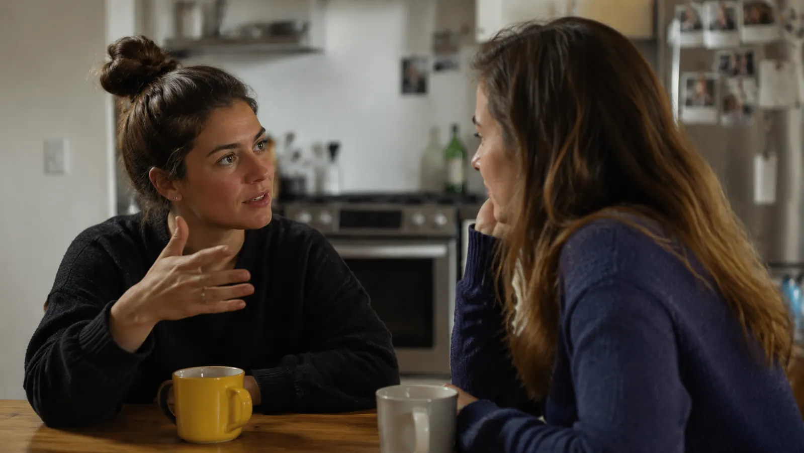 Person at a kitchen table having a relaxed conversation, leaning forward with elbows on table, candid and warm