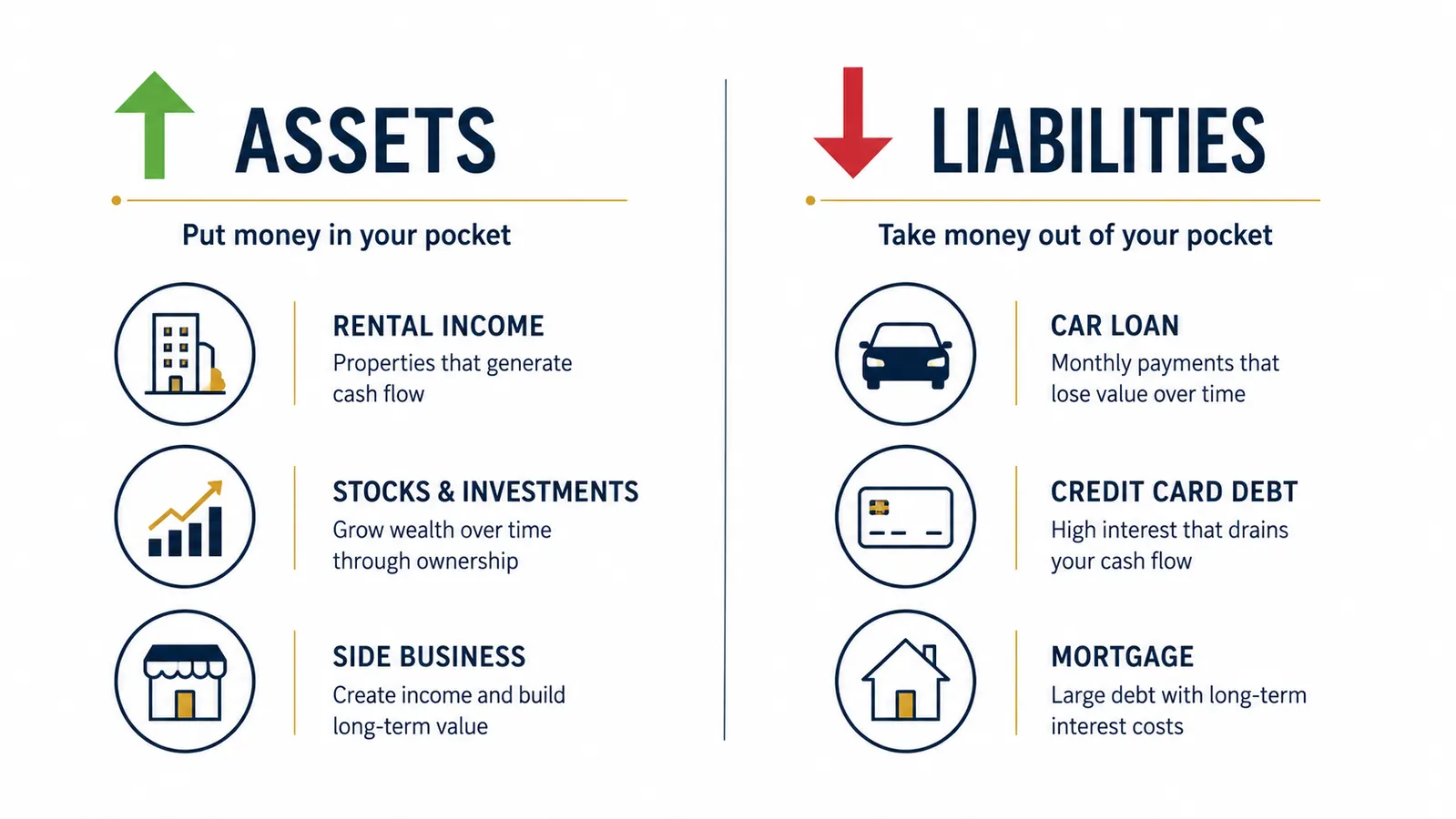 Simple diagram showing two columns: assets that put money in your pocket versus liabilities that take money out
