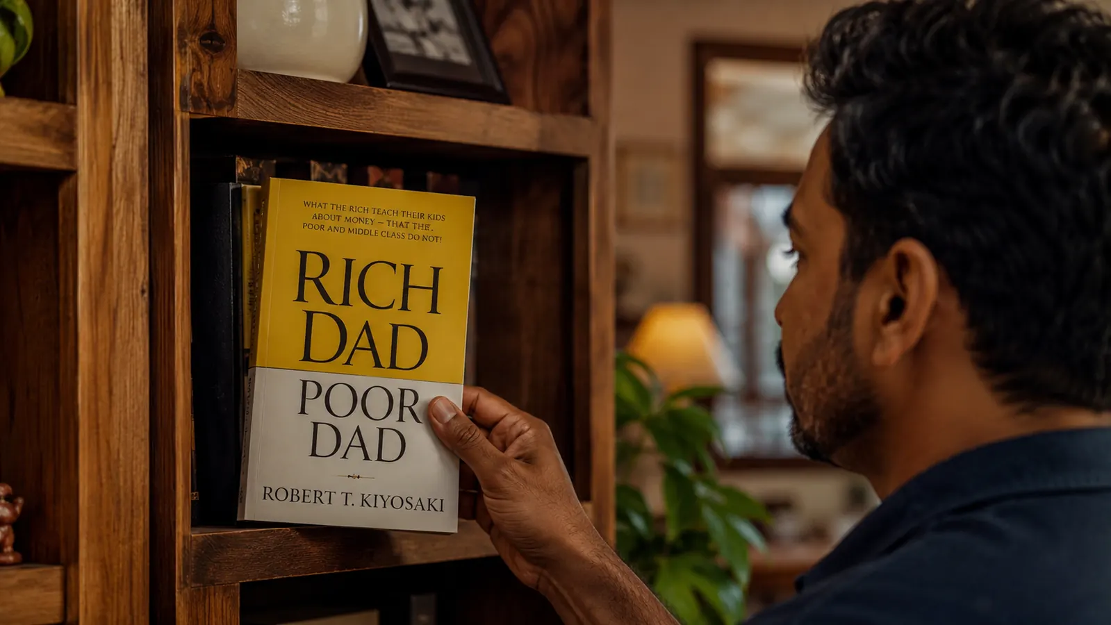 Stack of personal finance books on a wooden shelf, with Rich Dad Poor Dad visible among them