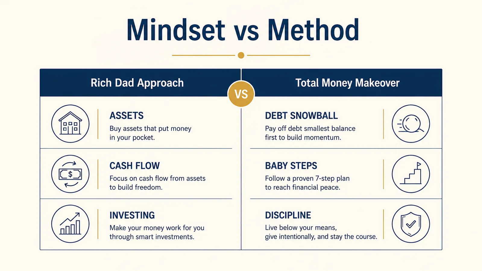 Simple chart comparing asset-building mindset versus debt elimination approach across five financial categories