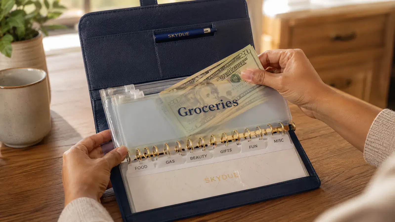Hand placing folded cash into a labeled grocery envelope inside the SKYDUE Budget Binder