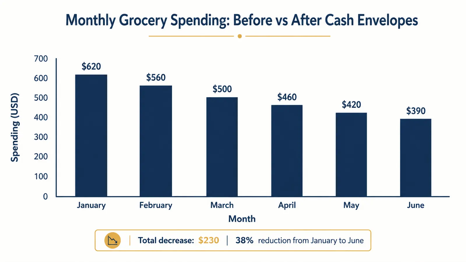 Bar chart showing monthly grocery spending dropping from $620 in month one to $390 in month six after switching to cash envelopes