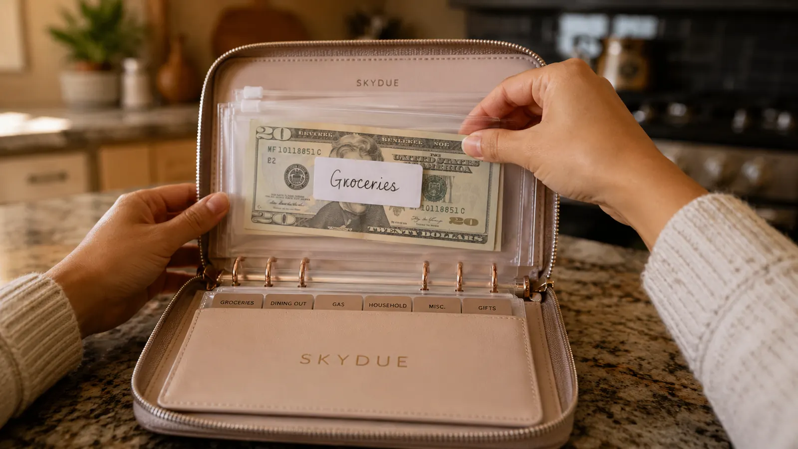 Hands organizing labeled cash envelopes inside a SKYDUE budget binder