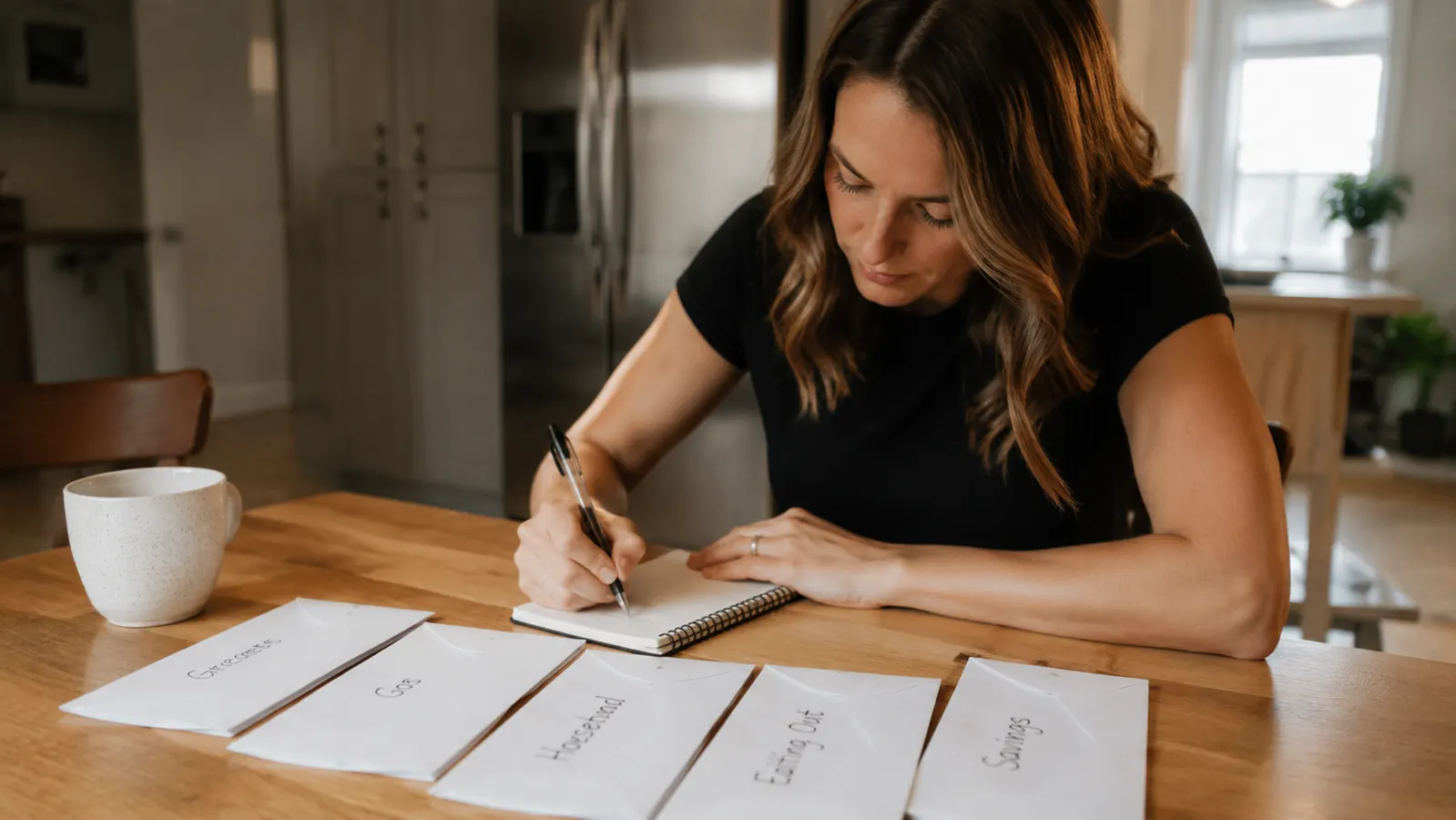 Person reviewing budget envelopes at a kitchen table with a notepad and pen