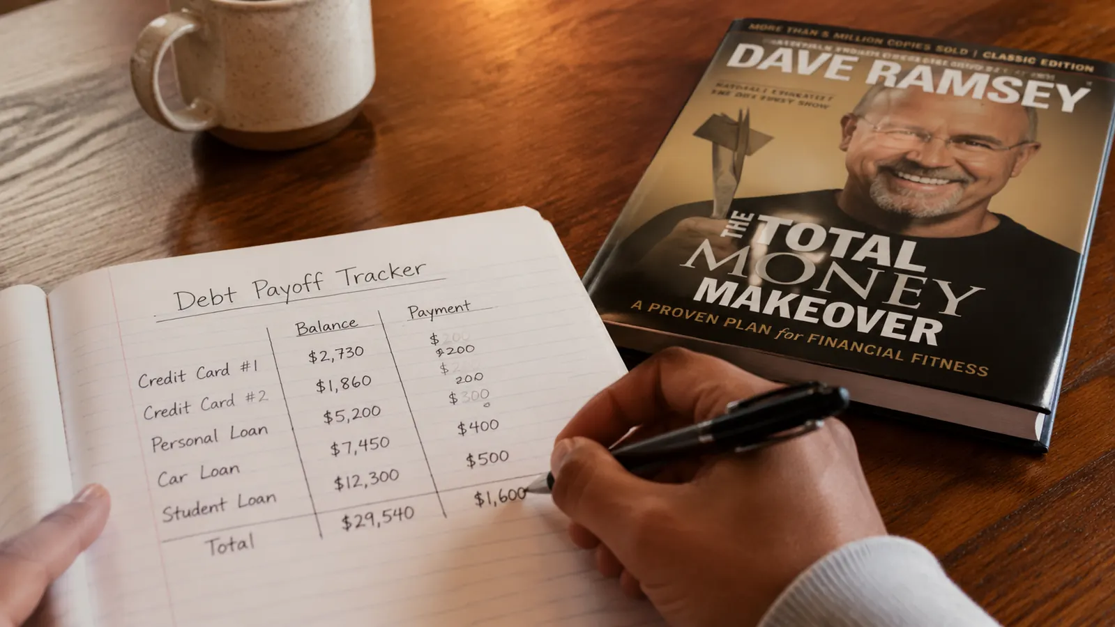 A hand writing a debt payoff tracker on lined notebook paper with dollar amounts and dates filled in