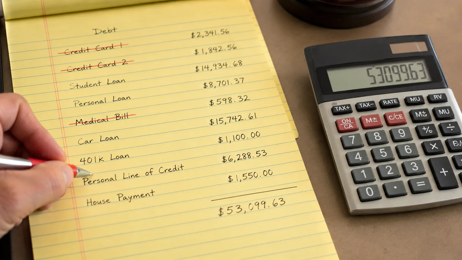 Handwritten debt payoff tracker on a yellow notepad with amounts crossed off one by one over several months
