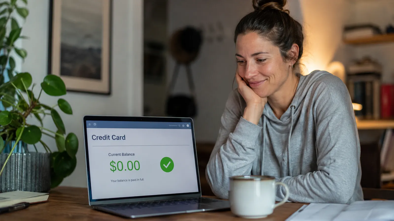 Woman smiling at a laptop showing a zero balance on a credit card account page