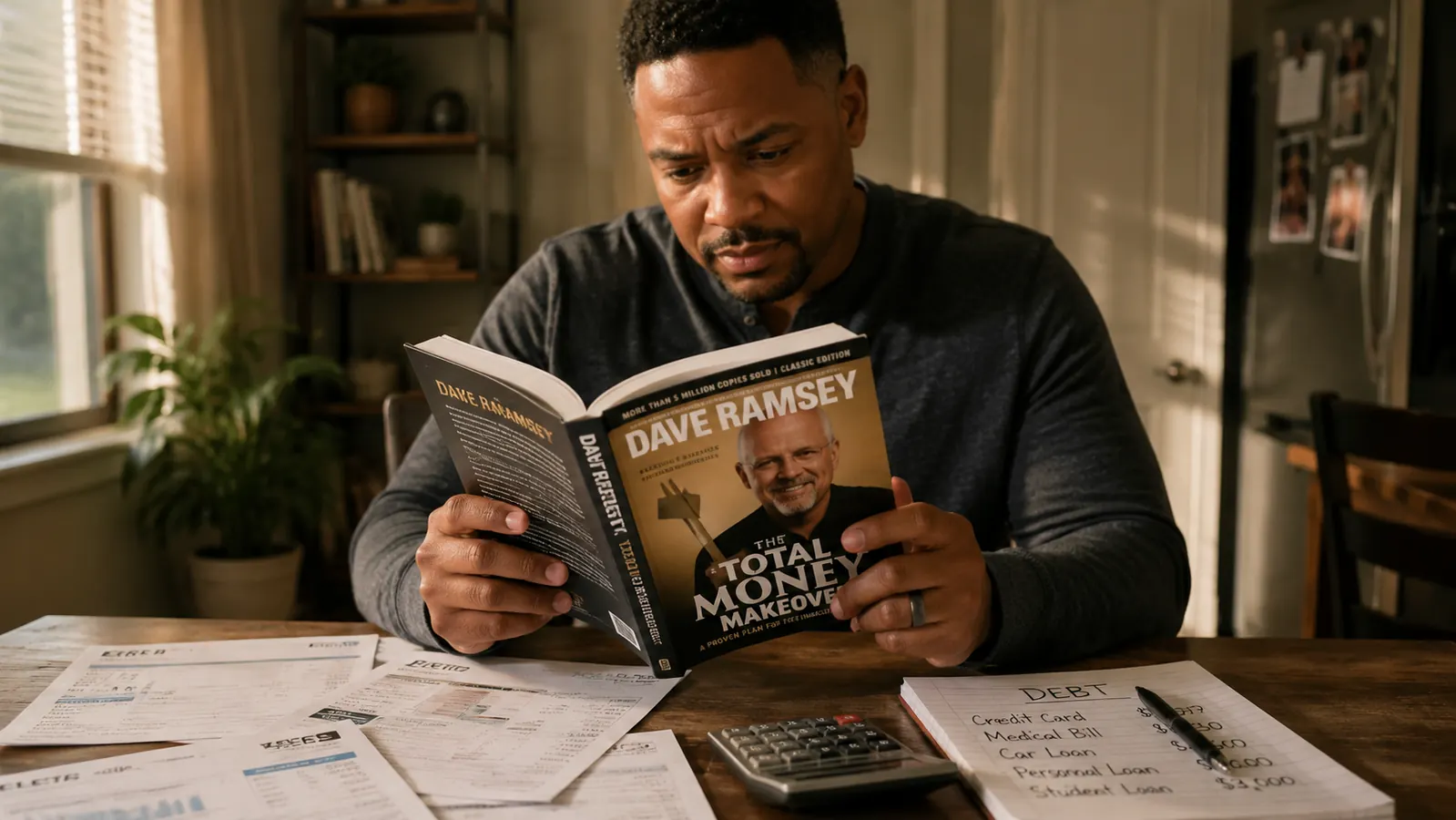 Person holding The Total Money Makeover book open to the debt snowball chapter, sitting at a desk with bills and a calculator